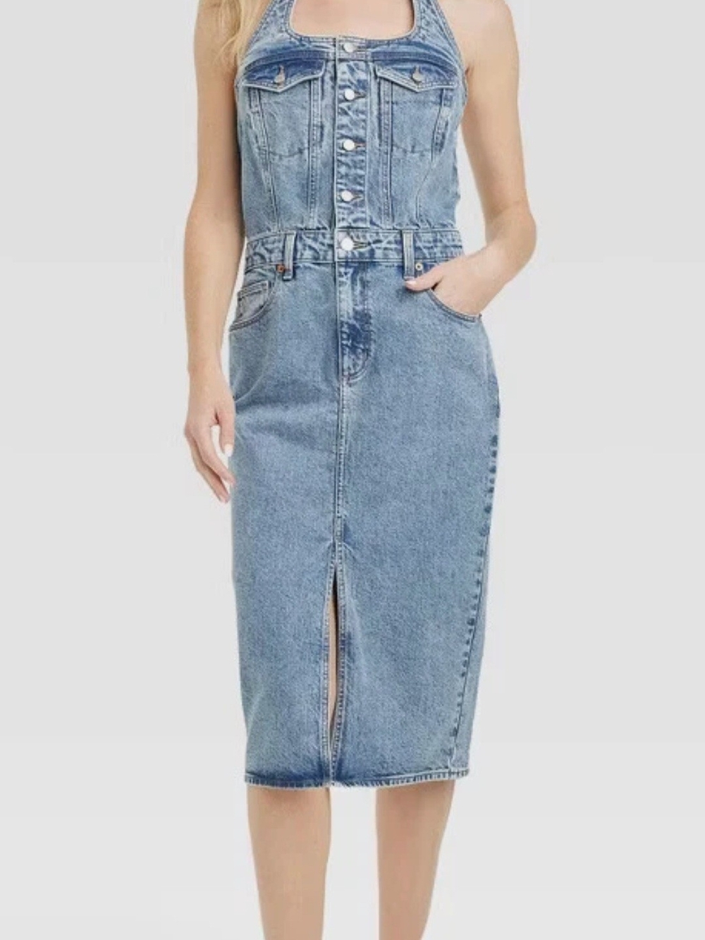 Denim Halter Open Back Midi Jean Dress 6 Western Festival Edgy Retro
